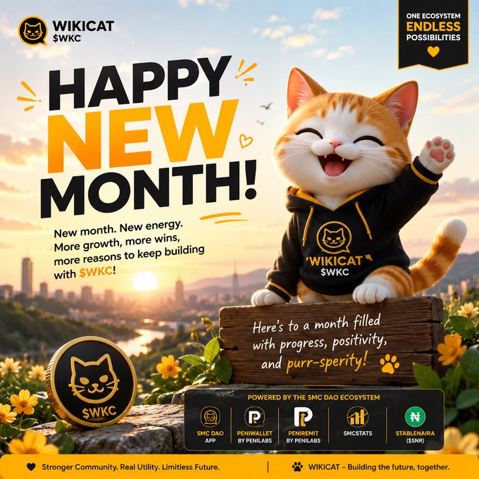 A promotional graphic for WikiCat ($WKC) cryptocurrency featuring a smiling orange kitten in a hoodie with 'HAPPY NEW MONTH!' text, alongside ecosystem partners including SMC DAO, PeniWallet, Peniremit, SMCStats, and StableNaira.