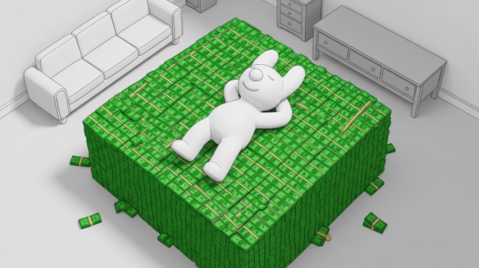 A 3D rendering shows a white cartoon character lounging on a large cube made of stacked green money bundles in a minimalist room with white furniture.