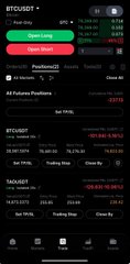 Screenshot of cryptocurrency trading app BYBIT showing various trading pairs including BTCUSDT and price information.