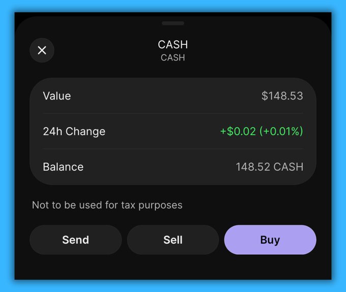 A cryptocurrency app interface displaying 'CASH' with a value of $148.53, a 24h change of +$0.02 (+0.01%), a balance of 148.52 CASH, and buttons for Send, Sell, and Buy.