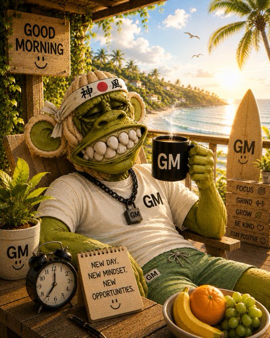 A stylized image of a green monkey character wearing a '神風' headband and a 'GM' t-shirt, relaxing on a beach with a 'GM' mug, surrounded by motivational signs reading 'GOOD MORNING', 'FOCUS, GRIND, GROW, BE KIND', and 'NEW DAY, NEW MINDSET, NEW OPPORTUNITIES'.