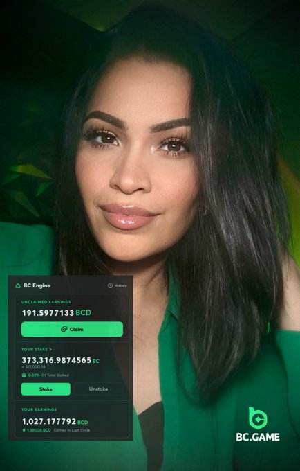 A close-up portrait of a woman with dark hair in a green top, overlaid with a BC.Game cryptocurrency dashboard showing unclaimed earnings of 191.5977133 BCD, staked 373,316.9874565 BC, and earnings of 1,027.177792 BCD.