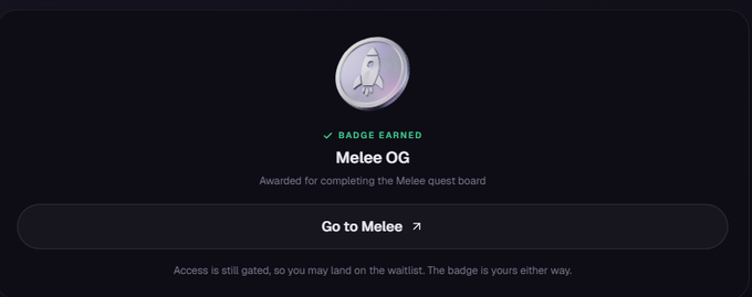 A 'BADGE EARNED' notification for 'Melee OG', awarded for completing the Melee quest board, with a 'Go to Melee' button.