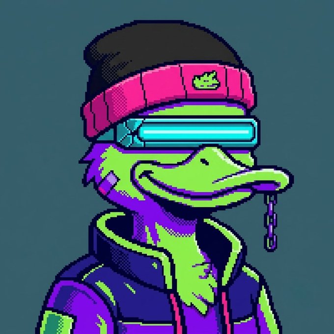 A pixel-style digital illustration of a green duck character wearing a pink beanie and futuristic blue visor glasses, with a chain dangling from its beak.