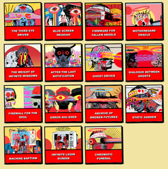 A colorful grid display of stickers or trading cards featuring various pop culture and meme references with titles like 'The Price is Right', 'Blue Screen', and 'Saint Denis'.
