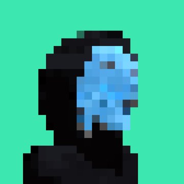 A pixel art image of a dark figure with a glowing blue face/mask against a teal background.