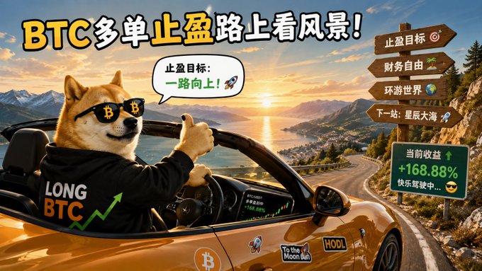 The image features a dog wearing sunglasses, driving a car with Bitcoin written on its hood. The background of the image shows a sunset over mountains, creating a scenic backdrop for the scene. The post includes text that reads "Long BTC", which is likely referring to Bitcoin or cryptocurrency.