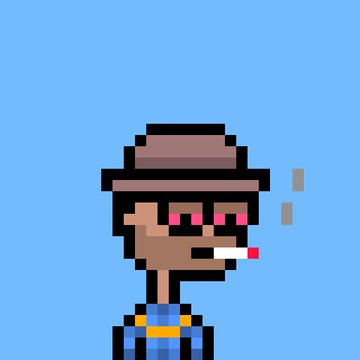 A pixel art character with red eyes, a brown hat, and a cigarette in his mouth, wearing blue overalls against a blue background.