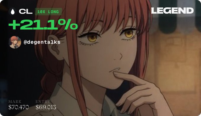 A trading screenshot featuring an anime character with the ticker 'CL' marked as '10X LONG' with a gain of '+21.1%', credited to '@degentalks', showing a Mark of $70.470 and Entry of $69.013 under the 'LEGEND' brand.