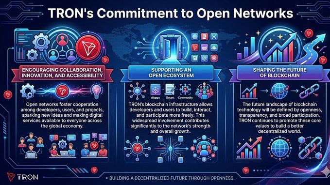The image depicts a blue graphic that represents three different types of networks with their respective descriptions and logos, emphasizing the importance of open networks for collaboration, innovation, and accessibility. The caption above this image reads "TRON's Commitment to Open Networks Open networks encourage collaboration, innovation, and accessibility across the digital economy. TRON continues supporting these principles through its blockchain infrastructure".