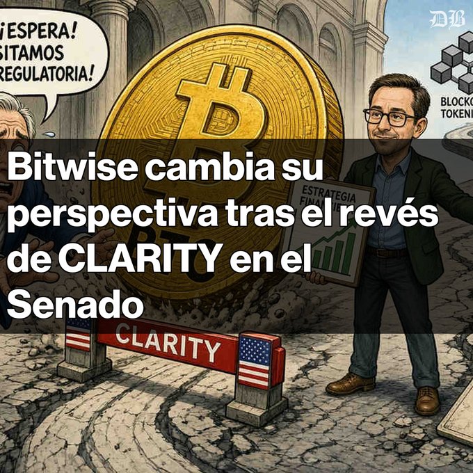 An illustrated image with Spanish text 'Bitwise cambia su perspectiva tras el revés de CLARITY en el Senado,' showing a man in glasses standing next to a giant Bitcoin coin.