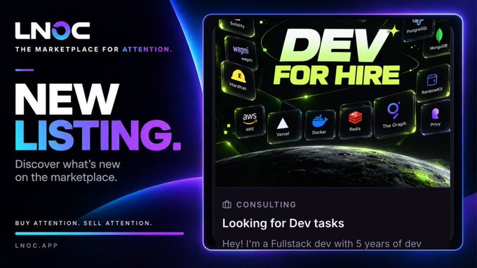 A promotional graphic for 'LNOC' advertising a 'NEW LISTING' for a 'DEV FOR HIRE' fullstack developer on their attention-based marketplace.