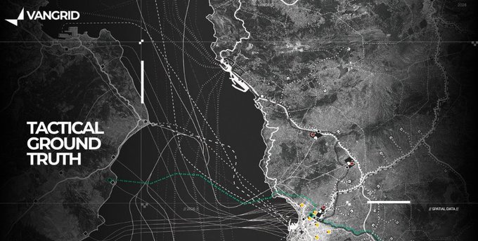 A black-and-white tactical map with the text 'VANGID' and 'TACTICAL GROUND TRUTH' displaying maritime routes and land boundaries.