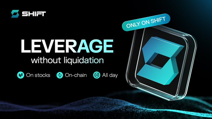 The image features a blue square logo that says "ShiftRWA" written in white letters, along with a description of leveraged tokens. The text explains that these tokens are designed for use in RWA protocols without liquidation, which means they can be used to amplify returns while preserving the ability to redeem them at any time.

The image also includes a blue wave-like pattern and a gray background, creating an interesting visual effect. This design choice might be intended to draw attention to the text and logo or to represent the concept of leveraging in a more abstract way.