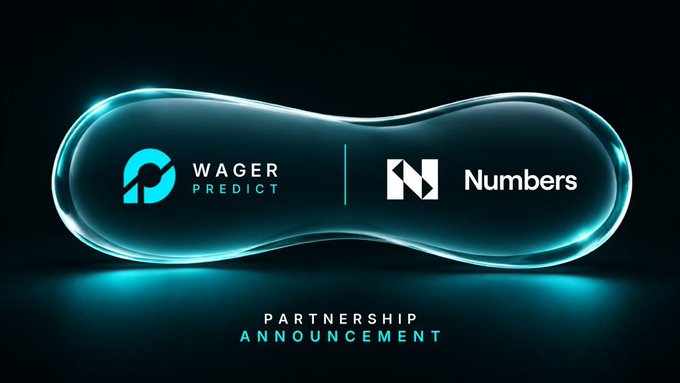 A sleek, glowing cyan capsule-shaped design showcases the logos and names of **"Wager Predict"** and **"Numbers"** side-by-side, with the tagline **"PARTNERSHIP ANNOUNCEMENT"** below—visually representing the collaboration between the two platforms mentioned in the post.