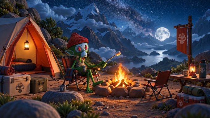 A whimsical illustration of a green alien wearing a red beanie roasting a marshmallow by a campfire at night, with a tent, mountains, and a full moon in the background.