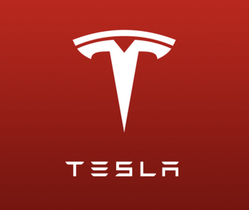 Tesla logo (stylized 'T') and the 'TESLA' wordmark in white on a solid red background.