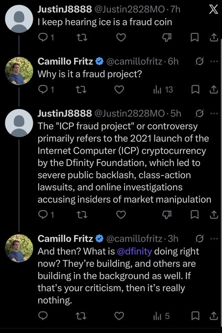A Twitter/X conversation where user @Justin2828MO calls 'ice' a fraud coin, explaining the ICP/Internet Computer controversy, and verified user @camillofritz replies questioning the criticism and mentioning @dfinity.