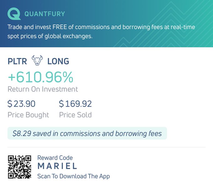 A promotional graphic for the Quantfury app shows a long PLTR trade with a +610.96% ROI, bought at $23.90 and sold at $169.92, alongside a reward code 'MARIEL'.