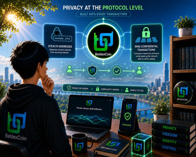 A promotional graphic for BeldexCoin titled 'PRIVACY AT THE PROTOCOL LEVEL' highlighting stealth addresses and ring confidential transactions, showing a person in a hoodie with multiple devices displaying the BeldexCoin logo.