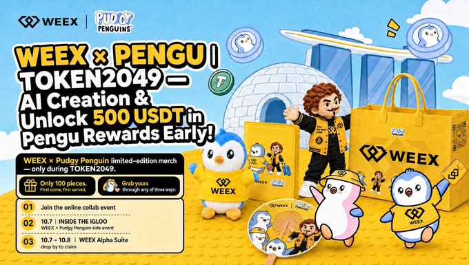 A vibrant promotional banner for the WEEX × Pudgy Penguins (PENGU) TOKEN2049 collaboration, featuring limited-edition merch, an AI Creation Challenge, and a 500 USDT prize pool distributed to 100 winners across a four-day event. The cartoon-style design showcases WEEX and Pudgy Penguin characters alongside merchandise items like plush toys and bags, with event schedule details listed for October 7th at WEEX × Pudgy side events.