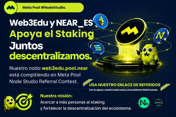 The image features a poster for a contest at Meta Pool Nod Studio, which encourages users to stake their coins and participate in future contests. The poster includes a yellow cartoon character with a green hat and a blue bird, as well as various symbols related to the contest. The text on the poster emphasizes the importance of stake-staking and the potential rewards for participating in the contest.