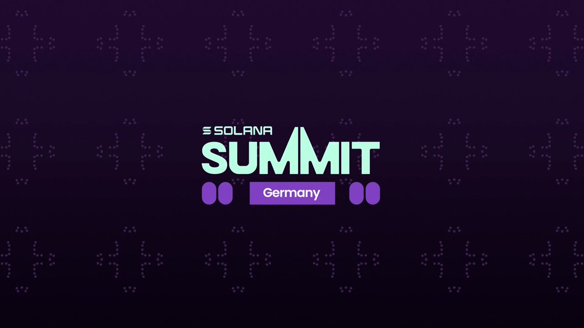 The image features a purple banner with white text that reads "SOLANA Summit Germany" at the center, surrounded by small circles of different colors. The background of the image is dark purple, creating a contrast with the white text on the banner. In the bottom right corner, there's an image of a leaderboard and a caption about the live Perps Trading Cup happening at Solana Summit Germany Funded accounts.