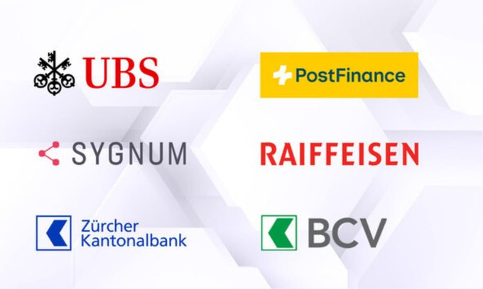 A promotional graphic displaying logos of six financial institutions: UBS, PostFinance, Sygnum, Raiffeisen, Zürcher Kantonalbank, and BCV.