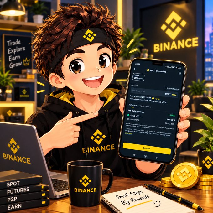 An anime-style character wearing Binance merchandise enthusiastically points to a phone screen displaying a "USDT Subscribe" page showing a 30% APR bonus offer, surrounded by Binance-branded laptop, mug, books, coins, and a notebook reading "Small Steps Big Rewards," visually promoting the new user earn promotion.