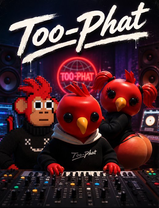 A stylized 3D rendering of two characters with red bird heads and one with a pixelated red ape head, all wearing black hoodies branded 'Too-Phat,' posed behind a DJ mixing console.