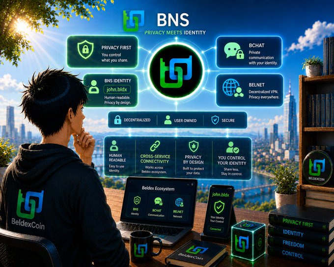 A promotional graphic for 'BNS - PRIVACY MEETS IDENTITY' featuring a man wearing a 'BeldexCoin' hoodie looking at a laptop, with labels including 'PRIVACY FIRST', 'BNS IDENTITY', 'BCHAT', 'BELNET', 'DECENTRALIZED', and 'USER OWNED'.