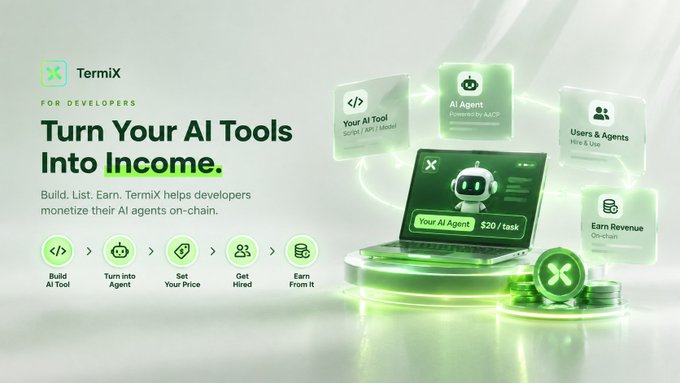 A promotional graphic for 'TermiX FOR DEVELOPERS' with the tagline 'Turn Your AI Tools Into Income,' showing steps to build, turn into agent, set price, get hired, and earn revenue.