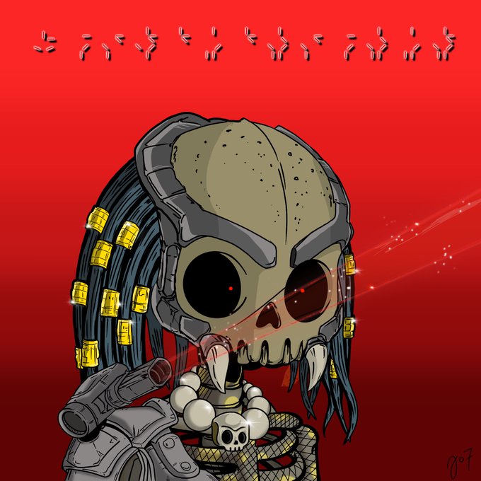 A digital illustration of a Predator-like alien character with dreadlocks adorned with gold rings, skull jewelry, and a shoulder cannon, set against a red background with alien glyphs at the top.