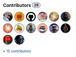 A GitHub-style 'Contributors (29)' section displaying rows of circular user avatars with various cartoon and photographic icons, noting '+ 15 contributors' below.