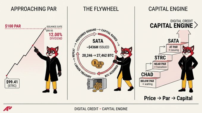 An infographic from AP explaining a 'Capital Engine' with three sections—Approaching Par, The Flywheel, and Capital Engine—using a fox mascot to illustrate SATA, STRC, and CHAD tokens with values like $99.41 (STRC) and $100 PAR.