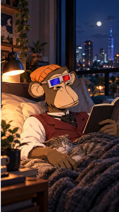 An illustration of an anthropomorphic monkey character wearing 3D glasses, an orange beanie, and a vest over a white shirt, reading a book while a tabby cat sleeps on its lap. The cozy scene features warm lighting from a desk lamp, with a nighttime city skyline visible through a window in the background.