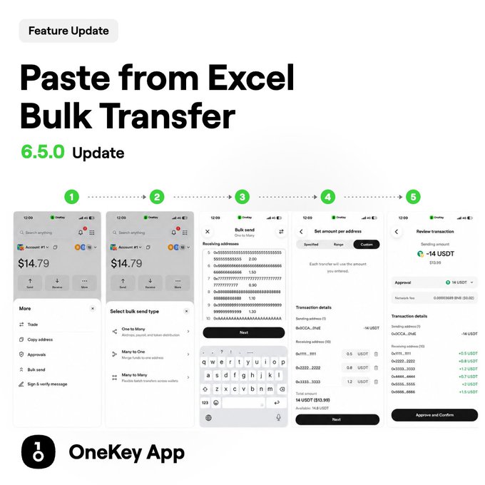 OneKey App 6.5.0 feature update announcement showcasing a 'Paste from Excel Bulk Transfer' workflow across five steps: Search anything, Select bulk send type, Bulk send, Set amount per address, and Review transaction.
