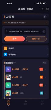 The image shows a Chinese-language mini-program interface titled "LC 百料" (LC Info) displaying wallet address query results, with the address 0x0942dfa60b234eb5263c01d854t... visible alongside query buttons for "查询" (Query) and "插眼一只" (Watch), followed by a recent query list showing addresses like 0x6942...6698, 79875, 0x6785...2487, and 98495 with their holdings.