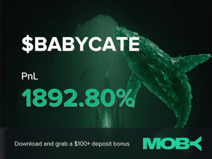 A green-themed promotional graphic for MOBX featuring a polygonal whale, displaying '$BABYCATE' with a 'PnL' of '1892.80%' and text offering a '$100+ deposit bonus'.