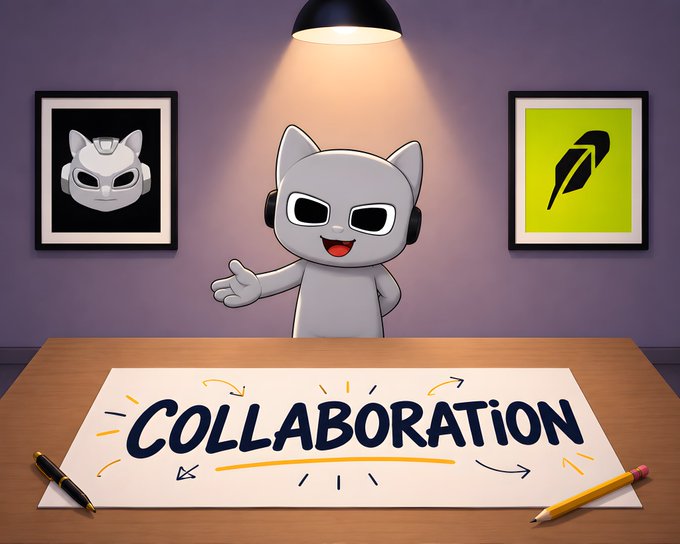 A cartoon mascot character with cat-like ears and headphones stands at a desk presenting a sign that reads "COLLABORATION", with a Robinmilfs rocket logo framed on the wall.