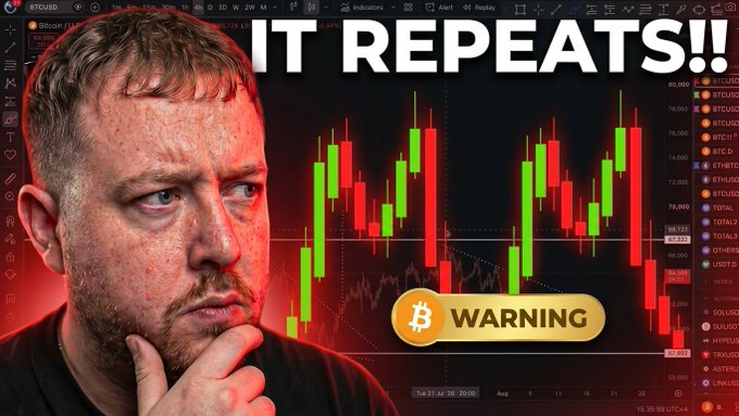 A man with a concerned expression is shown alongside a Bitcoin price chart displaying repeating candlestick patterns, with bold text reading "IT REPEATS!!" and a "WARNING" Bitcoin label, illustrating the video's claim about an upcoming market trap.
