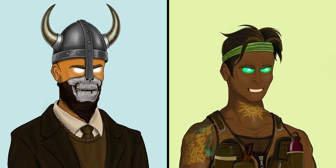 Digital artwork showing two characters side-by-side: a suited man in a horned Viking helmet with glowing eyes and a skull mask, and a muscular man with green glowing eyes and tribal tattoos.