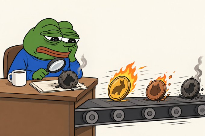 Pepe the Frog sits at a desk examining a charred coin with a magnifying glass while a conveyor belt carries burning coins featuring a rabbit, cat, and bird, illustrating how crypto narratives cycle through and burn out as quickly as they ignite before consensus can form.