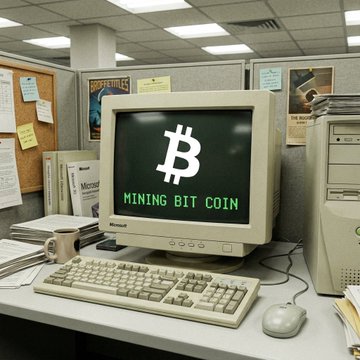 An office cubicle scene featuring an old beige CRT monitor displaying a green pixelated Bitcoin logo and the text "MINING BIT COIN," alongside a vintage keyboard and mouse.