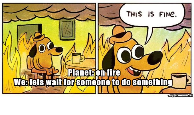 A two-panel meme featuring a cartoon dog saying 'THIS IS FINE.' while sitting in a burning room, with overlaid text reading 'Planet: on fire' and 'We: lets wait for someone to do something.'