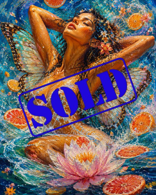 A fantasy painting of a fairy-like woman surrounded by orange slices, flowers, and water features, with a large blue 'SOLD' stamp across the center.