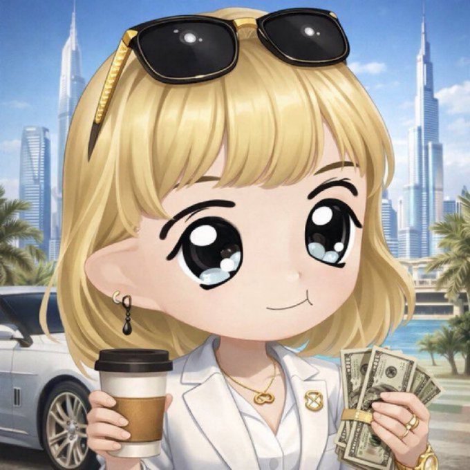The image features a cartoon girl with blonde hair wearing sunglasses holding a cup of coffee and money. The text in the image reads "drop your $SOL address, 60 MINS TILL LAUNCH. First 750 are elegible." This suggests that there is an event or promotion related to the money she has on her hands.