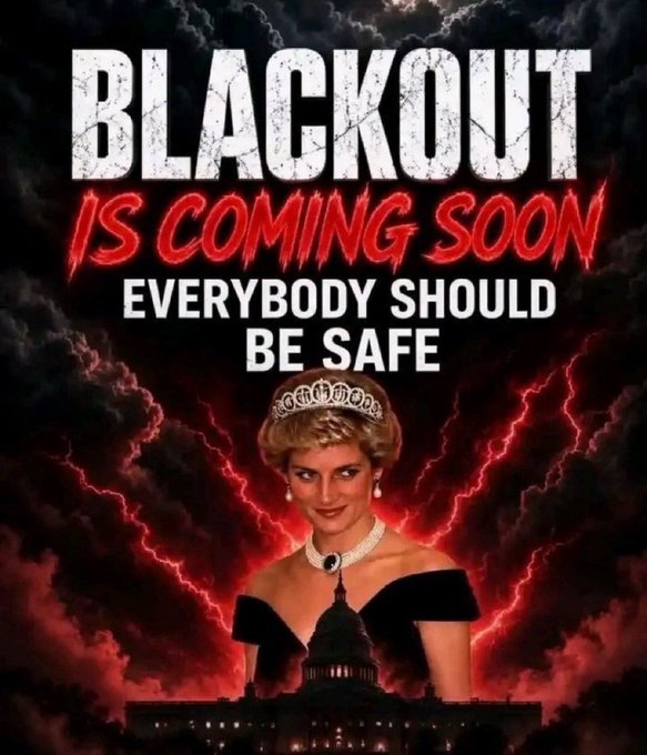 A dramatic meme-style image featuring Princess Diana photoshopped against a stormy red and black sky with lightning, captioned 'BLACKOUT IS COMING SOON EVERYBODY SHOULD BE SAFE' above the U.S. Capitol building.