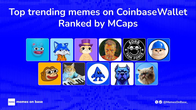 A blue promotional graphic reads “Top trending memes on CoinbaseWallet Ranked by MCaps,” showing rows of meme-style icons and the handles “memes on base” and “@MemesOnBase_.”