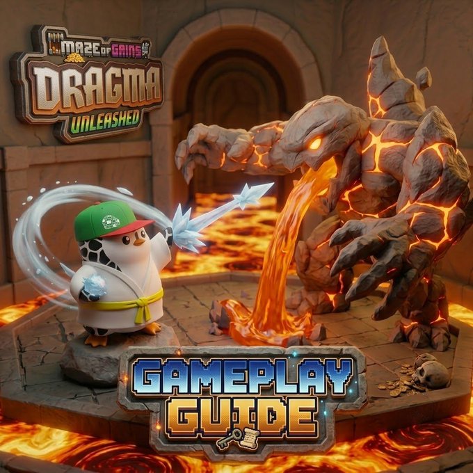 A 3D animated promotional image for the mobile game 'MAZE OF GAINS: DRAGMA UNLEASHED', showing a penguin-like character in a green cap wielding an ice sword against a lava golem, with a 'GAMEPLAY GUIDE' badge.